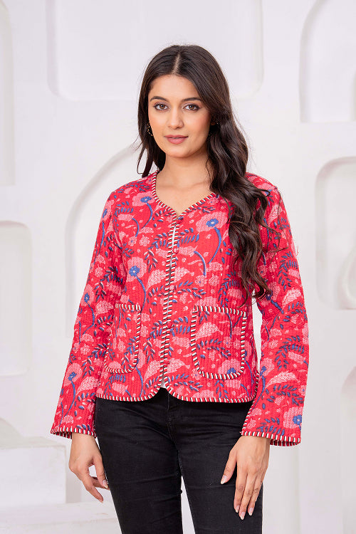 Handmade Red Cotton Quilted Floral Jacket Print Cotton